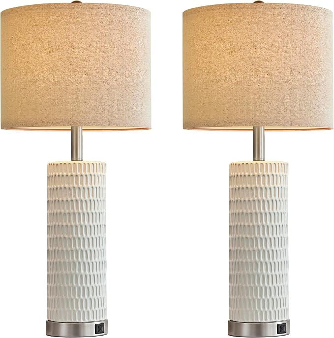 Reaketon 26.5" White Lamps for Bedroom Set of 2, Modern Table Lamps for Living Room with USB C+A Ports, Touch Lamps for Nightstand, Oatmeal Shade