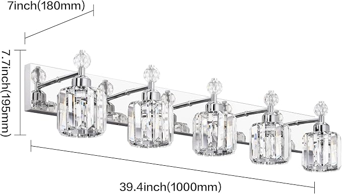 PRESDE Crystal 5-Light Vanity Light for Bathroom，Chrom Modern Bathroom Lights Fixtures Over Mirror