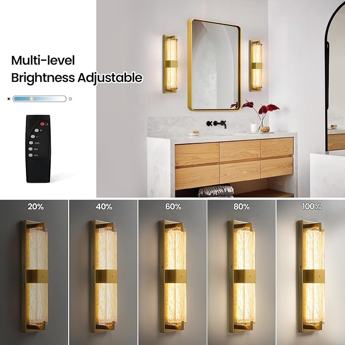 Battery Operated Resin Wall Sconce - Wireless Rechargeable Gold Wall Light Dimmable LED Remote Wall Sconces Lighting Modern Cordless Brushed Brass Vanity Light Fixture for Living Room Bedroom Bathroom