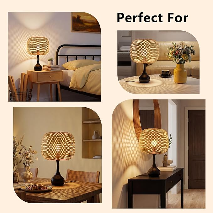 ONEWISH Touch Bedside Lamp for Bedroom, 3-Way Dimmable Table Lamps for Nightstand, Handwoven Bamboo Shade Desk Lamp for Living Room, Home Office