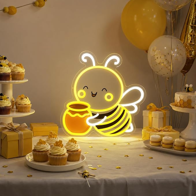 Bee Neon Sign Wall Art Cute Animal Neon Sign Honey Bee Lights Decor | Dimmable Bee Neon Light for Nursery, Kids Room, Bedroom, Living Room, Playroom, Bee Themed Decor and Nature Lovers Gift
