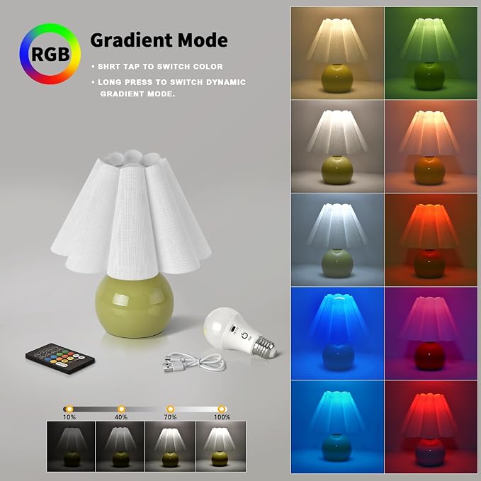 Rechargeable Cordless Green Small Table Lamp, Battery Operated Remote Control LIght Mini Cute Table Lamps for Bedroom Nightstand, Cute Small Table Lamp for Small Spaces for Kitchen Counter, Bookshelf