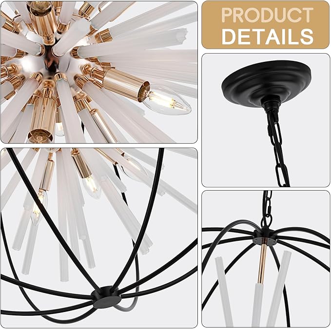 31.5" Black Gold Large Globe Sputnik Chandelier, 16-Light Mid Century Modern Industrial Starburst Golden Satellite Light Fixture for High Ceiling Living Room Dining Room Foyer Stairway,E12