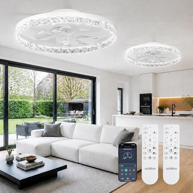 addlon 2 Pack 20 Inch Low Profile Ceiling Fans with Lights, Remote, White | Flush Mount Fandelier, 3CCT Dimmable LED, Bluetooth App/Remote, Timer, Memory, Reversible DC Motor, Bedroom/Kids room