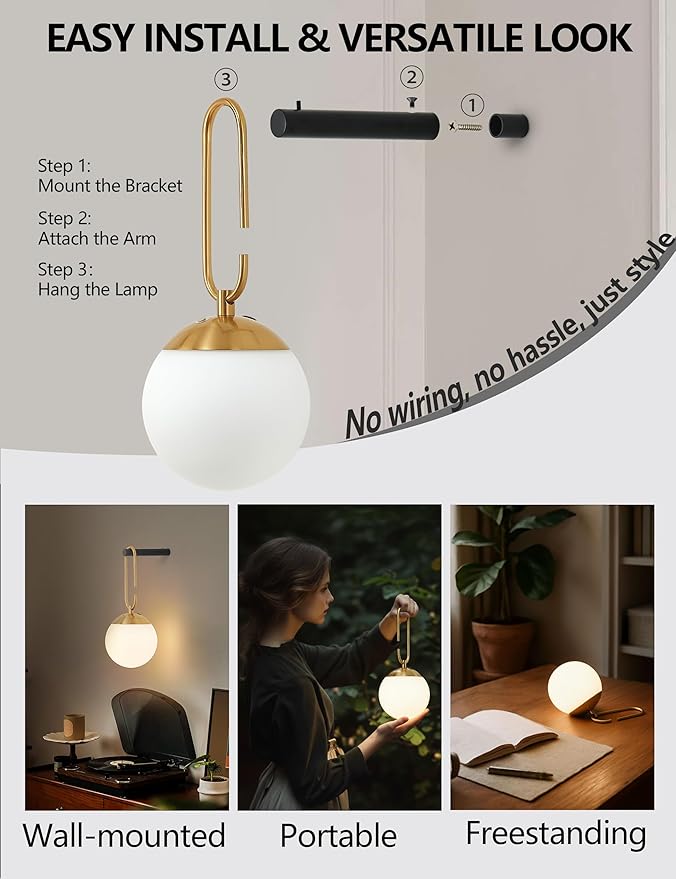 Battery Operated Wall Sconces Set of 2, Black & Gold Wireless Hanging Opal Glass Globe Wall Lamp with Touch & Remote, 12 RGB Colors & 3 Color Modes, Rechargeable Dimmable Wall Light for Bedroom