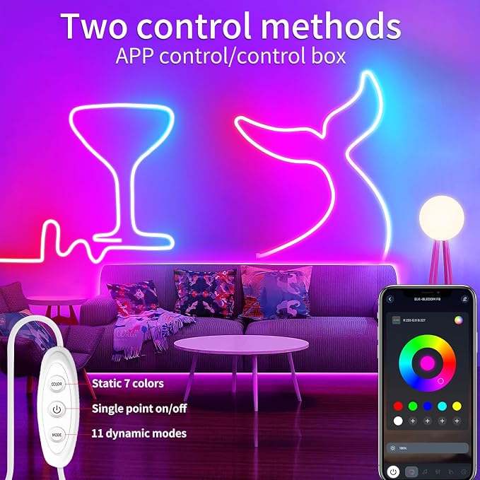 5V LED Neon Lights，3.3ft USB Powered LED Strip Lights | Color Changing Rope Light with APP Control，IP65 Waterproof Rope Lights for Bedroom，Cabinet,Kitchen(with Adhesive Backing)