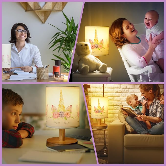 Unicorn Kids Table Lamp for Bedroom Kids Bedside Lamp with Linen Wooden Nightstand Cartoon Nursery Lampshade for Girls Boys Living Room