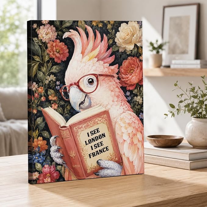 NSFBESSLIA Funny Reading Cockatoo Painting, Whimsical Vintage Bird Decor, I See London I See France, Cottagecore Floral Wall Art for Living Room Bedroom Entryway, 8x10 Inch
