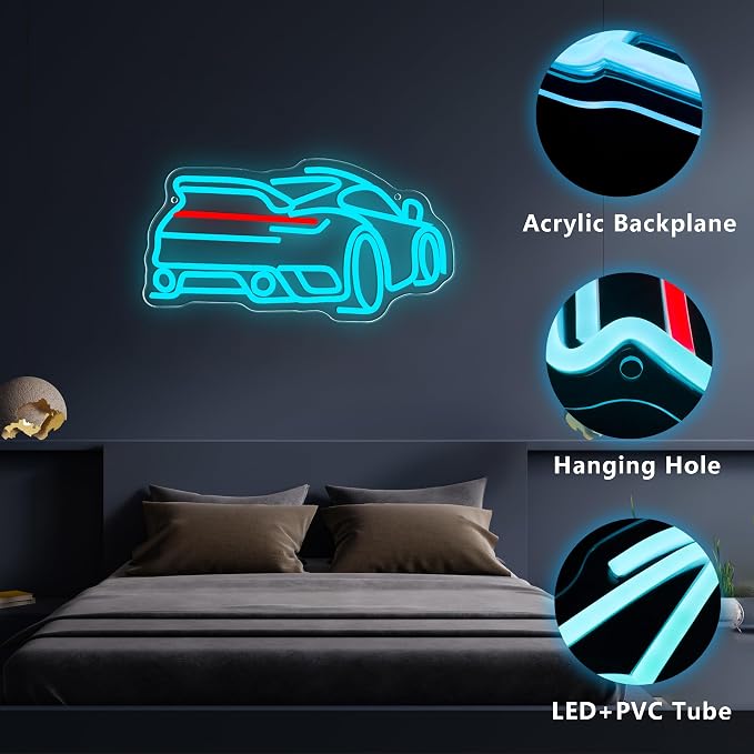 Foxiden Blue Sports Car Neon Sign, Dimmable LED Trendy Sports Car Shape Garage Neon Light, USB Powered for Garage Bar Party Boys Room Game Room Bedroom Man Cave Birthday Holiday Gift (15.7x8.3)