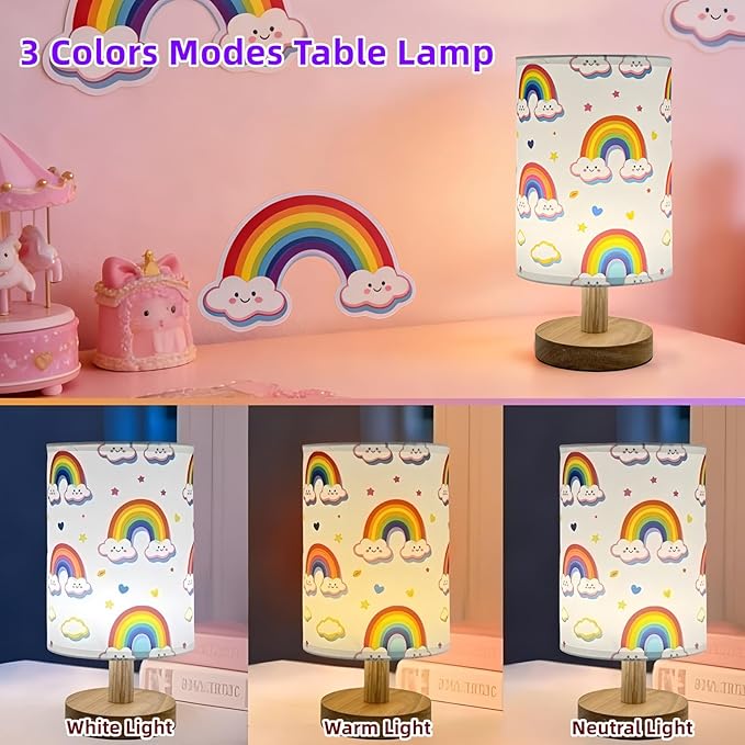 Rainbow Table Lamp,Kids Bedside Lamp for Bedroom Rainbow Decorative Lights 3 Colors Dimmable LED Nightstand Night Light with Cartoon Flaxen Fabric Shade Desk Lamp for Girls Boys Room Nursery Decor