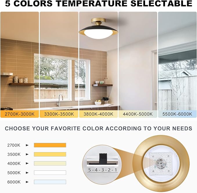 YURNYQ Dimmable Modern LED Black and Gold Ceiling Light Fixture 11.81 in | Glass Shade Kitchen Semi Flush Mount Ceiling Light Fixture,5CCT In One Light Fxiture for Hallway Bedroom Laundry Room Foyer