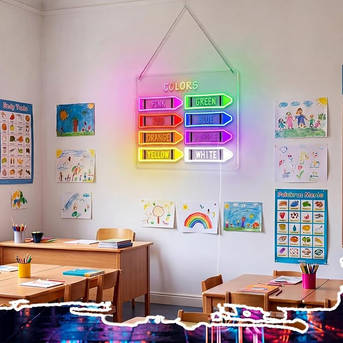15.8 x 11 Inches Classroom Crayon Colors Neon Sign Back to School Colorful LED Neon Sign Crayon Wall Door for Classroom Playroom Kindergarten Hanger Decor
