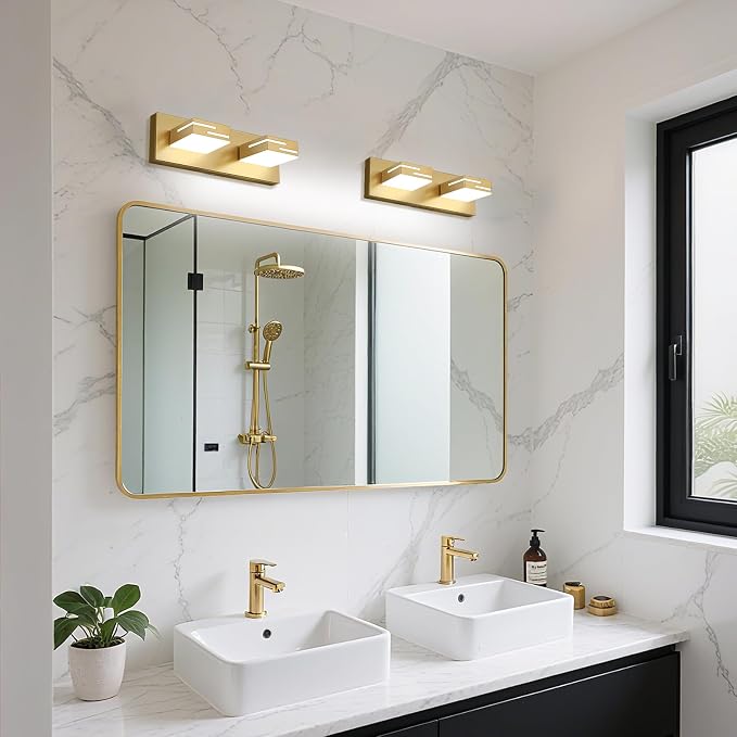 LED Modern Bathroom Vanity Light Fixtures, Dimmable Gold Vanity Lights for Bathroom Lighting Fixtures Over Mirror, with 360° Rotatable Heads 2-Light 16-inch (Cool White 6000K)