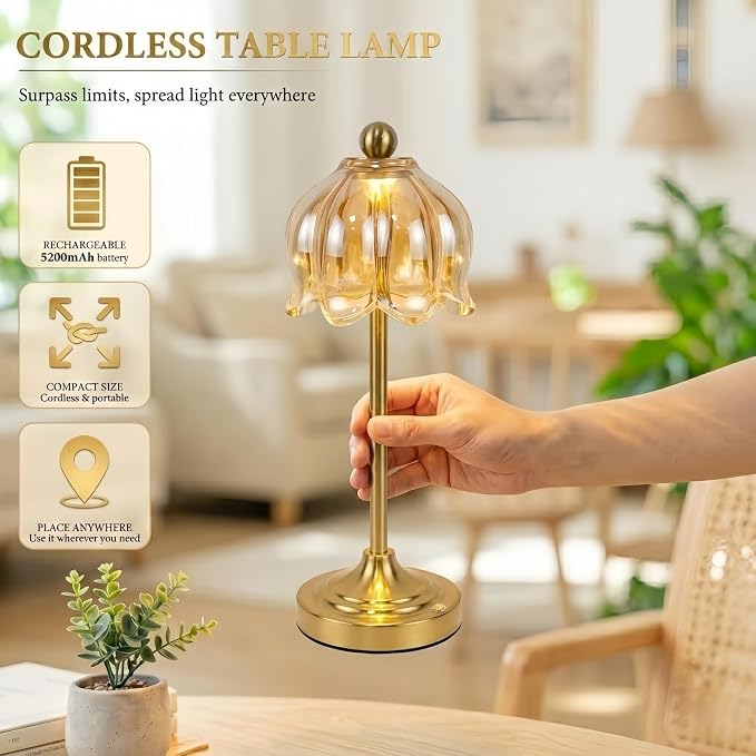 Set of 2 Vintage Cordless Amber Glass Tulip Table Lamps, Accent Light