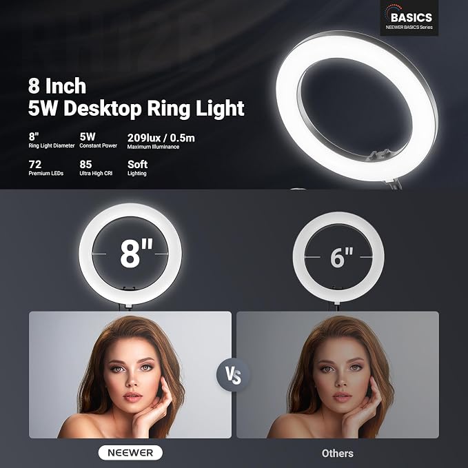 NEEWER Entry Level Version N41 8" LED Ring Light with Desk Clamp Stand/Remote, Overhead Phone Mount Holder Compatible with iPhone, Streaming Video Recording Selfie Nail Tech Food Photography Lighting
