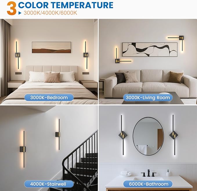 NIORSUN 28 Inch Battery Operated Wall Sconce Set of 2, Black-Gold Rechargeable Wall Lights with DIY Independently Rotatable Tube, 3CCT Dimmable Wireless Wall Sconces for Living Room Bedroom Hallway