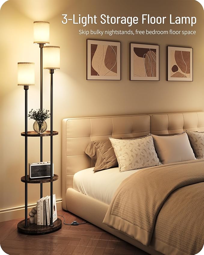 Floor Lamp with Shelves, 3-Light Floor Lamps for Living Room, Modern Standing Lamp with Linen Shades and Foot Switch, 66.1'' Tall Corner Lamp for Bedroom, Office, E26 Base, Walnut and Beige