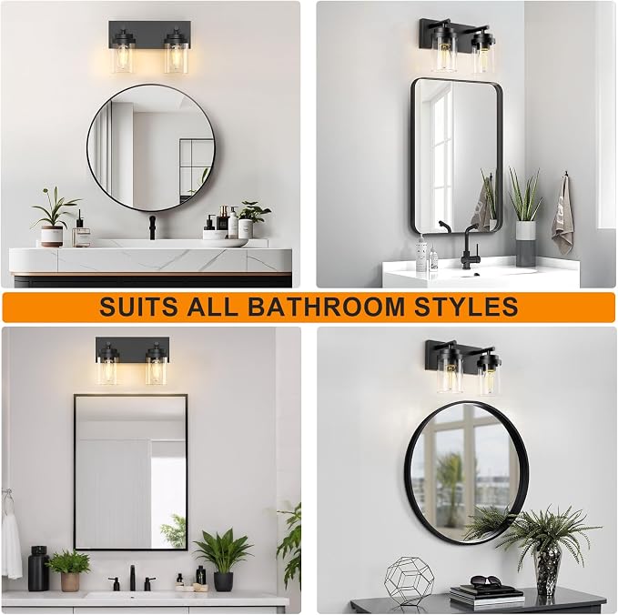 IZORRO Bathroom Vanity Light Fixture, 2-Light 15 Inch Matte Black Bathroom Light Fixtures Over Mirror, with Clear Glass Shade, Modern Farmhouse Vanity Lights, Rustic Restroom Lighting Fixtures