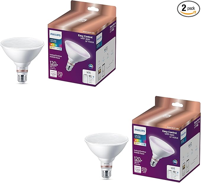 PHILIPS Smart 120W PAR38 Color LED Light Bulb 2-Pack - Connects to Your Wi-Fi - E26 Smart Bulb - Control with Voice or App + Activate with Motion - Matter Compatible