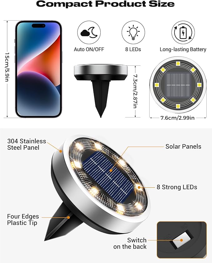 btfarm 2 Pack Solar Lights Outdoor Waterproof, 8 LED Solar Ground Lights | Stainless Steel, Easy-to-Install Flat Solar Disc Lights, Pathway Lights for Garden Lawn Patio Yard Path Landscape, Warm White