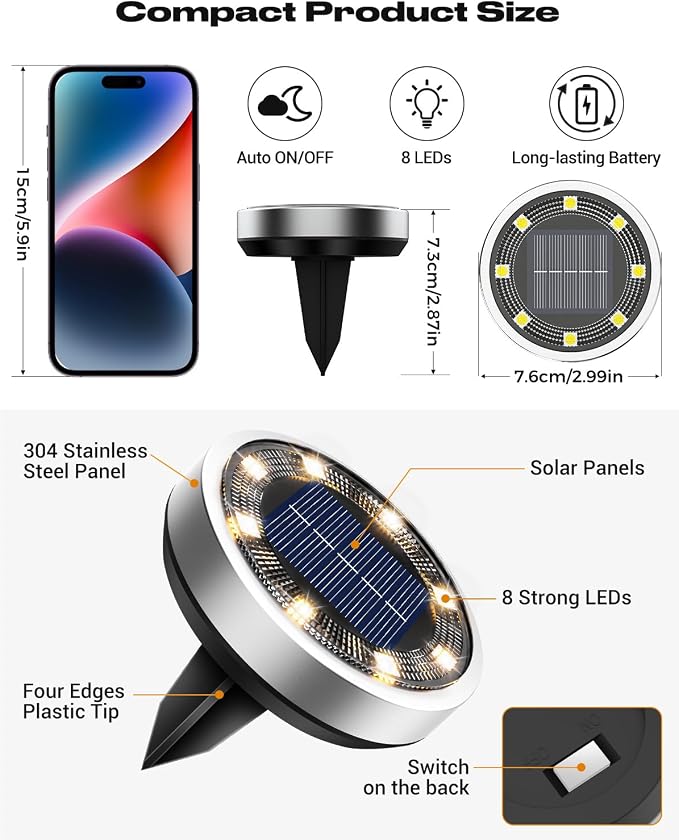 btfarm 10 Pack Solar Lights Outdoor Waterproof, 8 LED Solar Ground Lights | Stainless Steel, Easy-to-Install Flat Solar Disc Lights, Pathway Lights for Garden Lawn Patio Yard Path Landscape, Warm White