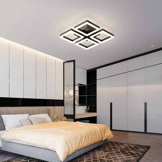 GEADI Modern Black LED Ceiling Light, 17.7" Dimmable Flush Mount Fixture | 52W 4-Square Geometric Ceiling Lamp with Remote, 3000K-6500K Dimming, Low Profile for Bedroom, Kitchen, Living Room