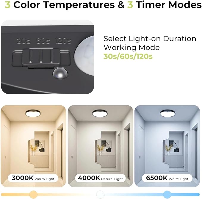 hepside 4 Pack Motion Sensor Ceiling Light Wired, 3000K/4000K/6500K LED Flush Mount Ceiling Light Fixture, 7Inch 15W Motion Sensor Light with Timer for Closet Stair Porch Hallway Pantry,Black