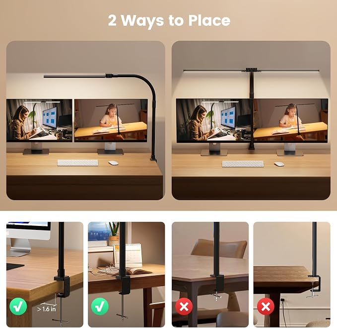 LED Desk Lamp for Home Office - Dimmable Computer Desk Light with Clamp, Modern Architect Task Lamp with Color Changing, Flexible Desktop Lamp with Gooseneck for Monitor, Double Head, Black