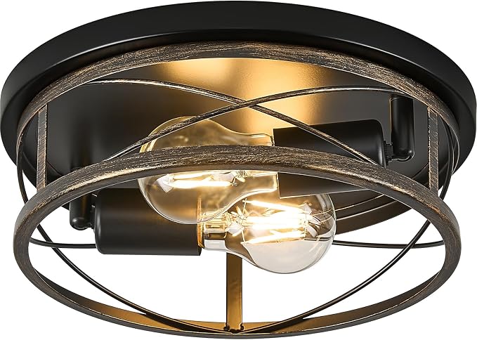 Farmhouse Lights, Rustic Black Industrial Flush Mount Ceiling Light, Ceiling Lamp Farmhouse Lighting Fixture for Hallway, Bedroom, Kitchen, Entrance, 2-Light