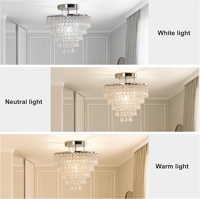 FRIXCHUR 11.8" Crystal Chandelier Chrome Flush Mount Ceiling Light 5 Tiers Raindrops Silver Chandeliers for Bedroom Hallway Living Room,E26 Base