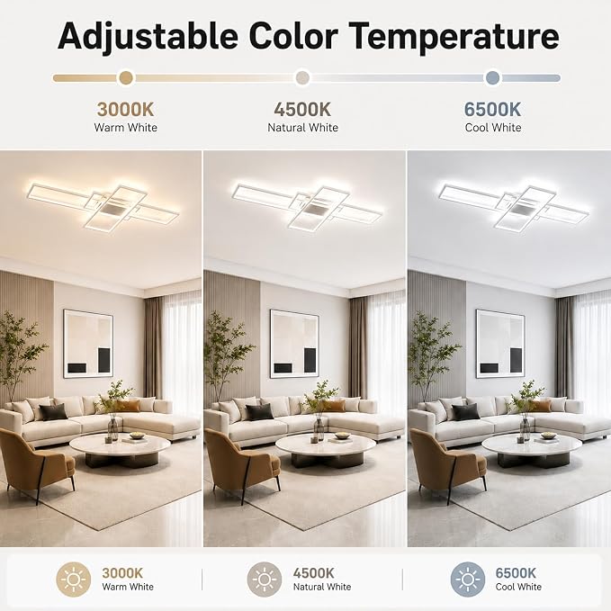GEADI 60.2" Extra Large Modern LED Ceiling Light, Dimmable Chandelier | 112W White Geometric Flush Mount Ceiling Lamp with Remote, 3000K-6500K Dimming, Memory, Chandelier for Living Room