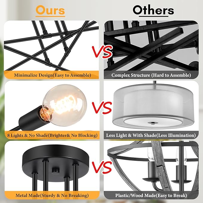 Modern Sputnik Chandelier 8-Light Industrial Ceiling Lights Fixture 32" Black Semi Flush Mount Ceiling Light with E26 Base Sputnik Lights Fixture for Dining Room Bedroom Foyer Hallway Living Room