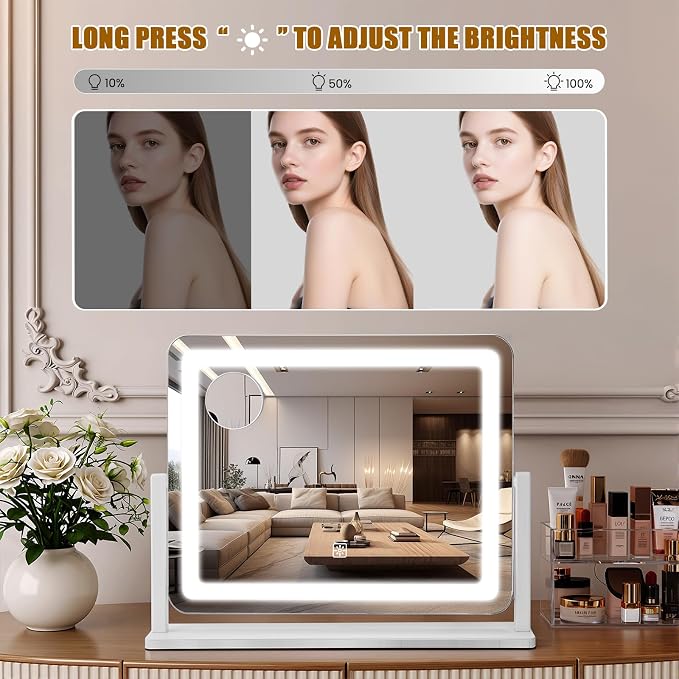 Rechargeable Vanity Mirror with Lights, 3000mAH Battery, 16"×12.4" LED Makeup Mirror, 10X Magnification, Smart Touch with 3-Color Lighting, 360° Rotation, Lighted Up for Makeup Desk, Bedroom (White)