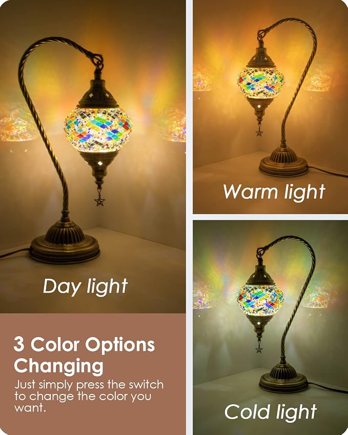 Yarra-Decor Turkish Moroccan Lamp with Bronze Base 3 Color Options Handmade Swan Neck Mosaic Glass Bedside Lamps for Bedroom (LED Bulb Included)(Colorful1)
