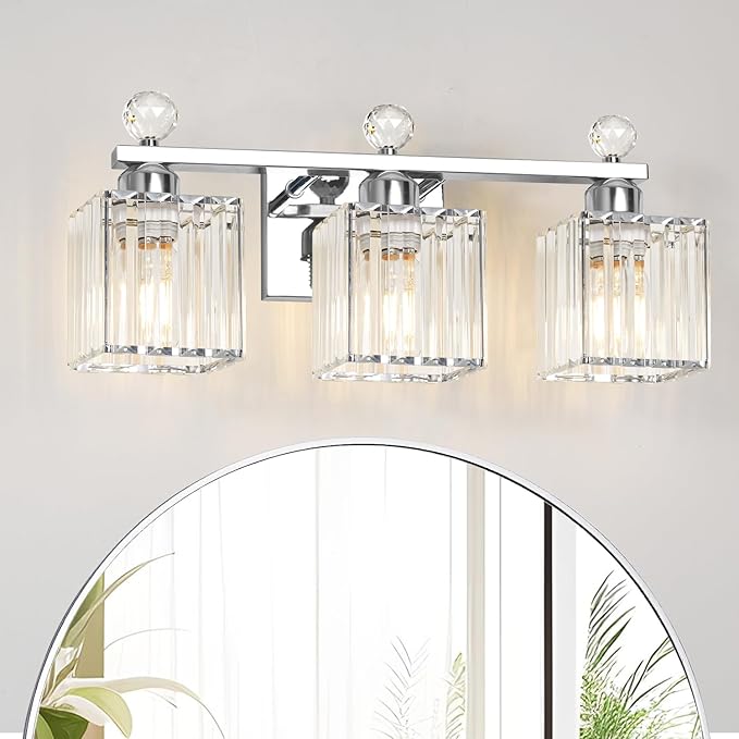 18.8 Inch Bathroom Vanity Light with Clear Crystal Shades, 3-Light Chrome Modern Fixture for Mirror, Easy Installation & Dimmable Lighting, Shadow-Free Illumination for Bathroom Mirror Decor
