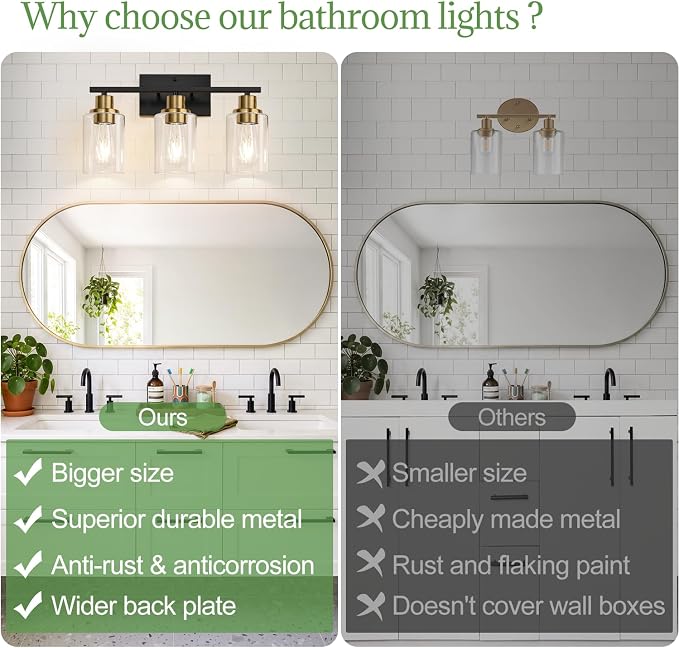 Indoi 3-Light Bathroom Light Fixtures, Black and Gold Modern Vanity Lights with Clear Glass Shades, Bathroom Wall Lamp for Mirror Living Room Cabinet Bedroom Porch