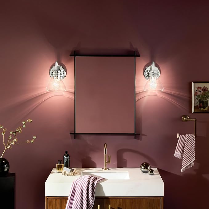 Kichler Farum 1-Light Bathroom Wall Light, Chrome | Modern wall light with clear glass for baths and hallways (7.25" x 9.5"), 55153CHCLR