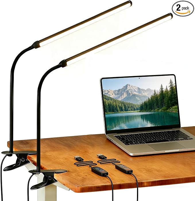 2 Pack LED Clip On Reading Light,Desk Lamp with Clamp,Clip On Table Light Bar,Curved Monitor Light Bar for Home Office,Bedside Bedroom Lamp,Dormitory Study Light,Workbench Task Lighting