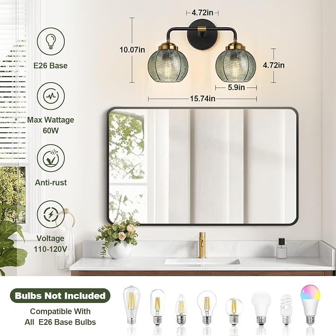 MOKATNG Bathroom Light Fixtures, 2-Light Green Vanity Lights with Unique Leaf Texture Glass Shade, Modern Matte Black and Gold Bathroom Wall Lamp for Mirror Hallway Cabinet Living Room
