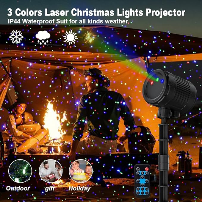 Laser Christmas Projector Lights Outdoor, Firefly Light Show for Trees | 3 Colors,RF Remote, Waterproof, Indoor Holiday Halloween Decoration, Christmas Gift, Wedding, Home Decor, Party, Garden