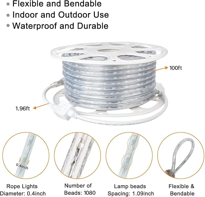 Rope Lights Outdoor Waterproof Daylight White: LED 100FT Cuttable Outside Bright 110V Lighting 6000K Connectable Flexible Cool Clear Tube, Indoor Deck Patio Xmas Camping Decor, Not Flat Strip