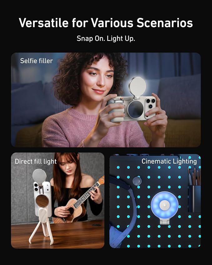 TELESIN 4-in-1 RGB Selfie Light with Mirror for Phone | 4 in 1 Magnetic RGB Light with Makeup Mirror and Phone Stand, Rechargeable Clip-On Light for TikTok, Vlog, Selfie, Makeup