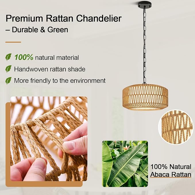 9"-52" Height Adjustable Farmhouse Chandelier Light Fixture, 1-Light Rattan Boho Chandeliers for Dining Room, Hand Woven Pendant Light with Linen Shade, Rustic Hanging Lighting for Kitchen Island