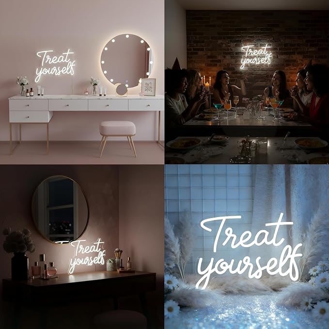 Treat Yourself Neon Sign LED Neon Sign for Wall Decor Bedroom Office Vanity | Dimmable LED Treat Yourself Sign for Beauty Salon, Boutique, Makeup Room, Dorm, Bedroom, Party, Vanity & Teen Girls Room