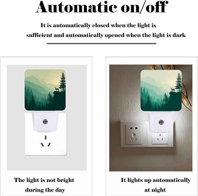 Misty Forests Night Light,Deer and Mountains Plug Into Wall with Dusk to Dawn Light Sensors,Warm Nightlights for Bedroom,Bathroom,Hallway,Kitchen,Gifts Ideal for Boys Girls Women Men