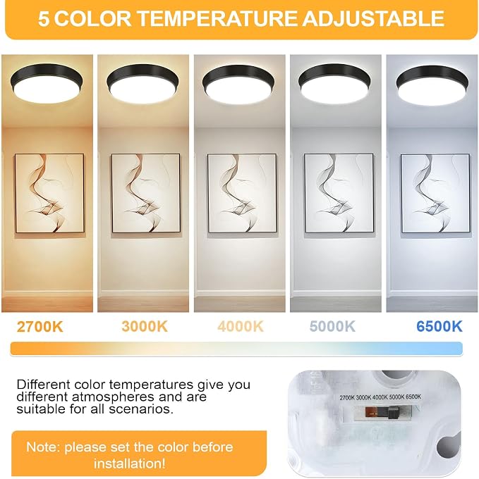 36W Black Flush Mount LED Ceiling Lights, 13in 4000lm Super Bright Dimmable LED Ceiling Light Fixtures, 2700K/3000K/4000K/5000K/6500K Adjust, Modern Ceiling Lamp for Bathroom Hallway, 2-Pack