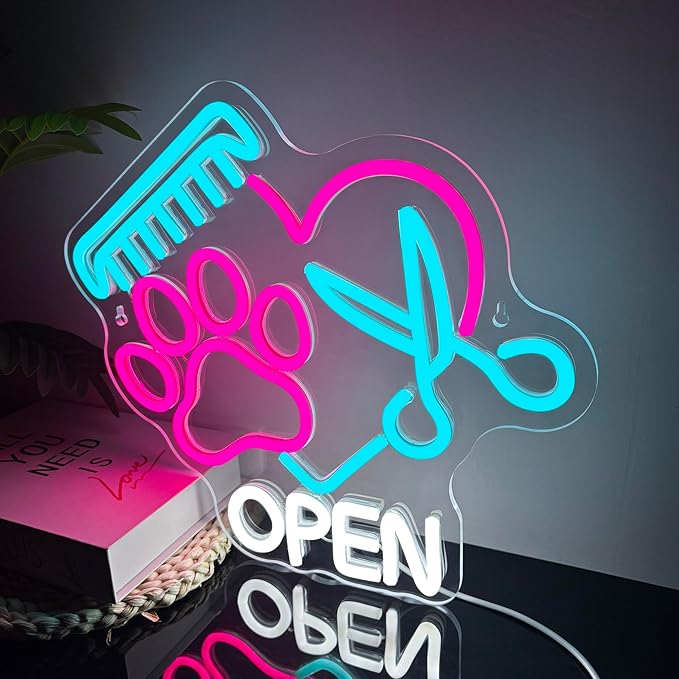 Mutank Pet Shop Open Neon Sign, Paw Neon Light USB Powered LED Dimmable Scissors Sign, for Pet Shop Business Sign Pet Spa Pet Salon Animal Clinic Decor Pet Grooming and Welcome Sign(13.3 * 12.2 In)