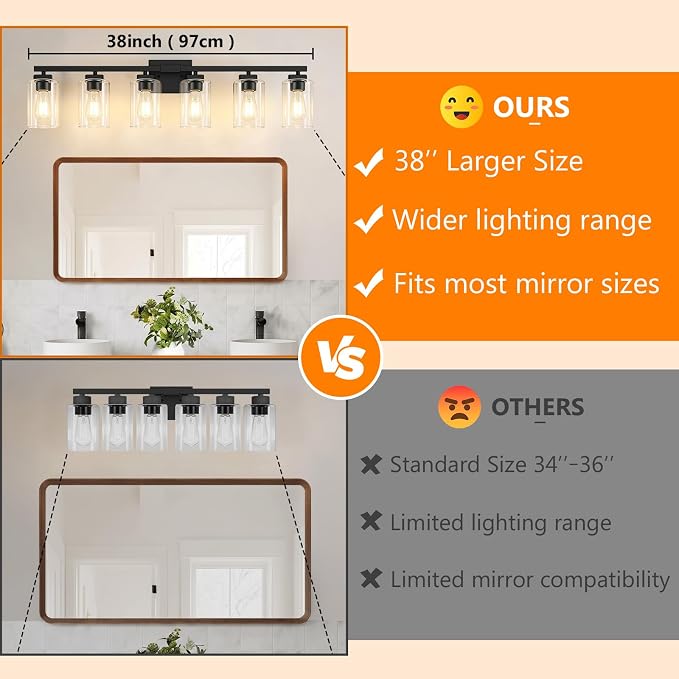 37” Bathroom Light Fixtures Over Mirror,6-Light Black Vanity Light | Large Size, Square Clear Glass & Durable Metal, Quick & Easy Installation, Standard E26 Socket, Bright Bathroom Lighting
