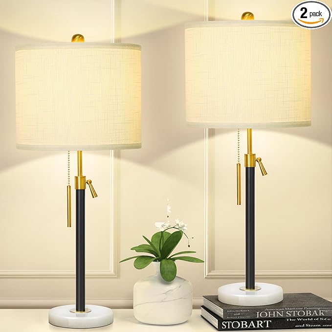 Table Lamps for Bedrooms Set of 2, 22" to 30" Height Adjustable Nightstand Lamps with Linen Shade, Pull Chain Switch Lamps for Living Room, 3 Way Dimmable Bedside Lamp