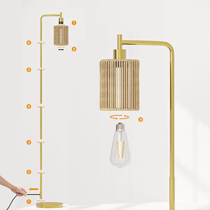 66" Gold Floor Lamp for Living Room, Boho Floor Lamp with LED Bulb, Foot Switch, Rattan Shade, Industrial Tall Farmhouse Standing Lamp for Bedroom, Dining Room, Study Room, Office
